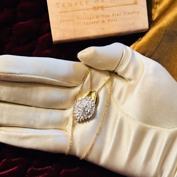 VINTAGE- 14K Gold- 2CT Natural Diamond Necklace -17"-Cluster Round Baguette-2.5g - Picture 9 of 16